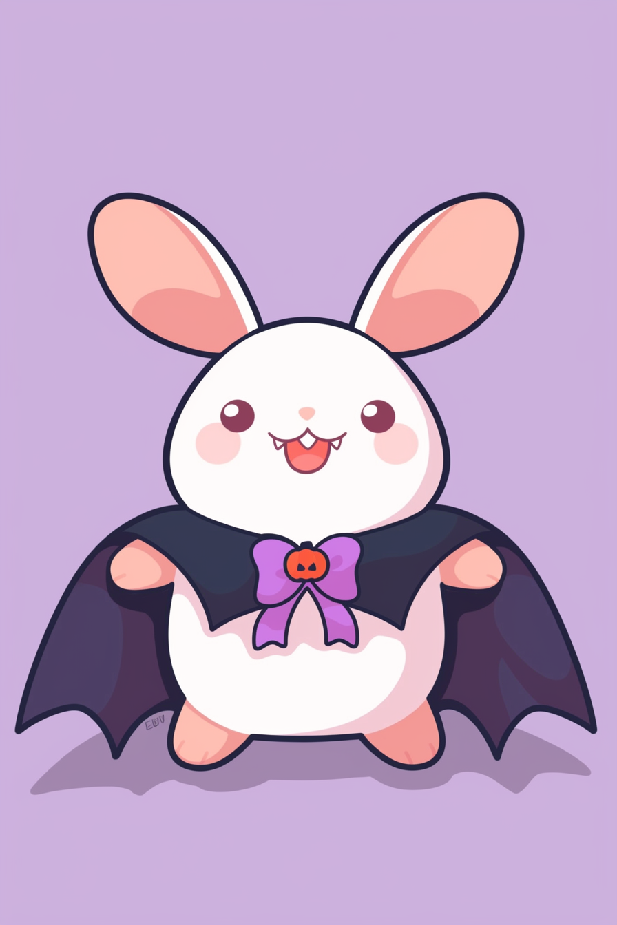 halloween cute animals drawings 2: A cheerful cartoon rabbit dressed as a vampire, complete with a dark cape and cute fangs.